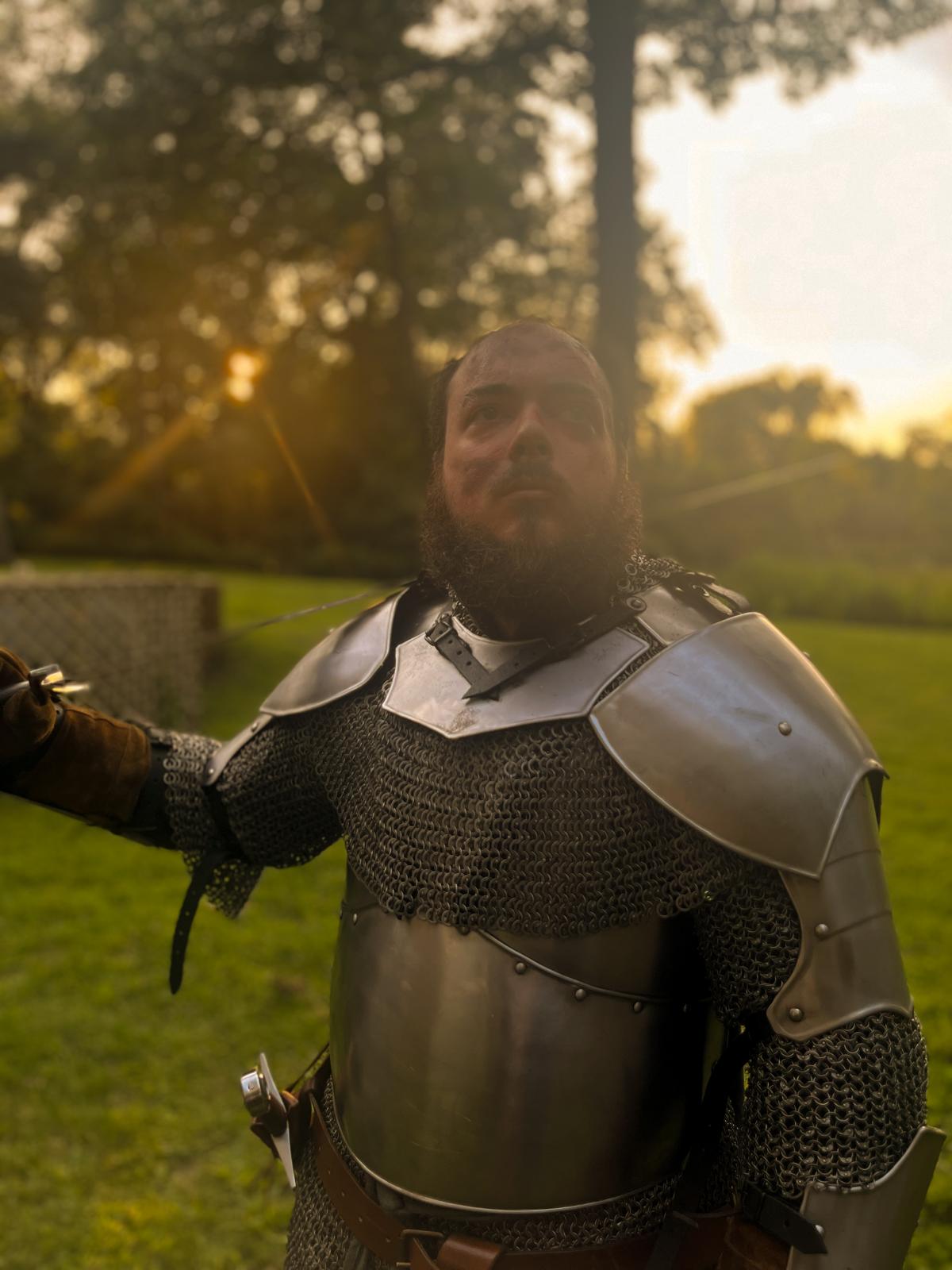 A knight in shining armor with his sword over his shoulder, looking into the distance, bathed in a glorious sunset